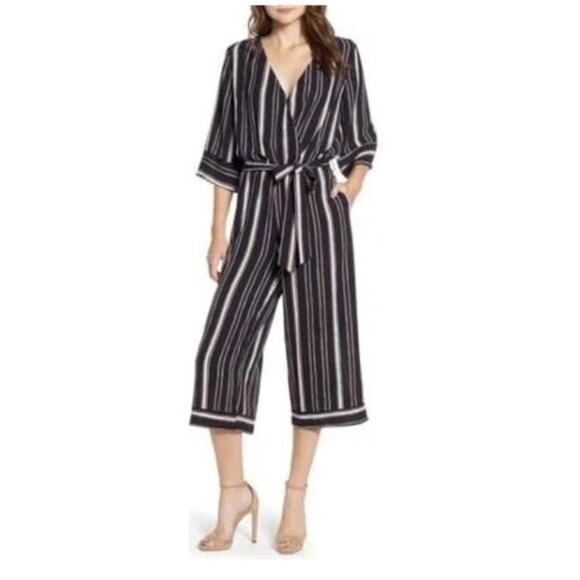 BISHOP & YOUNG Striped 3/4 Sleeve V Neck Tie Waist Jumpsuit // XS - Picture 1 of 11